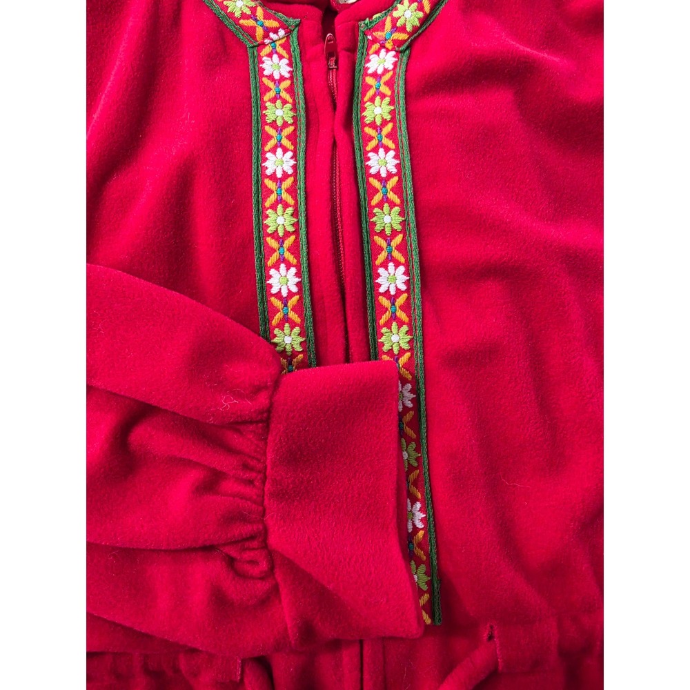 Vtg Rare Boho M Cottagecore Red fleece robe floral 70s ruffle hem loungeware - Picture 2 of 12